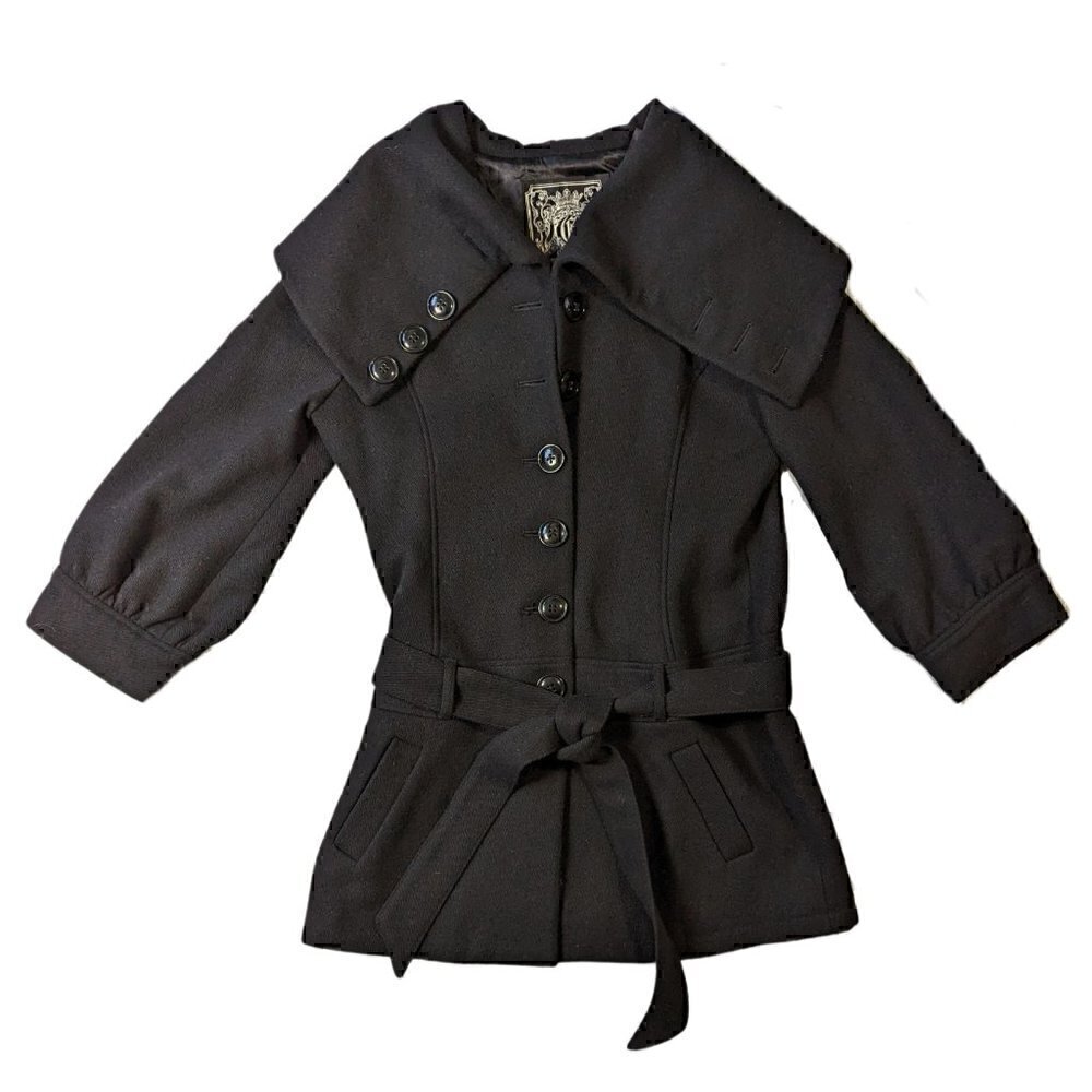 Guess Puffy Sleeve Button Front Shawl Black Wool Jacket  with Pockets Size Large